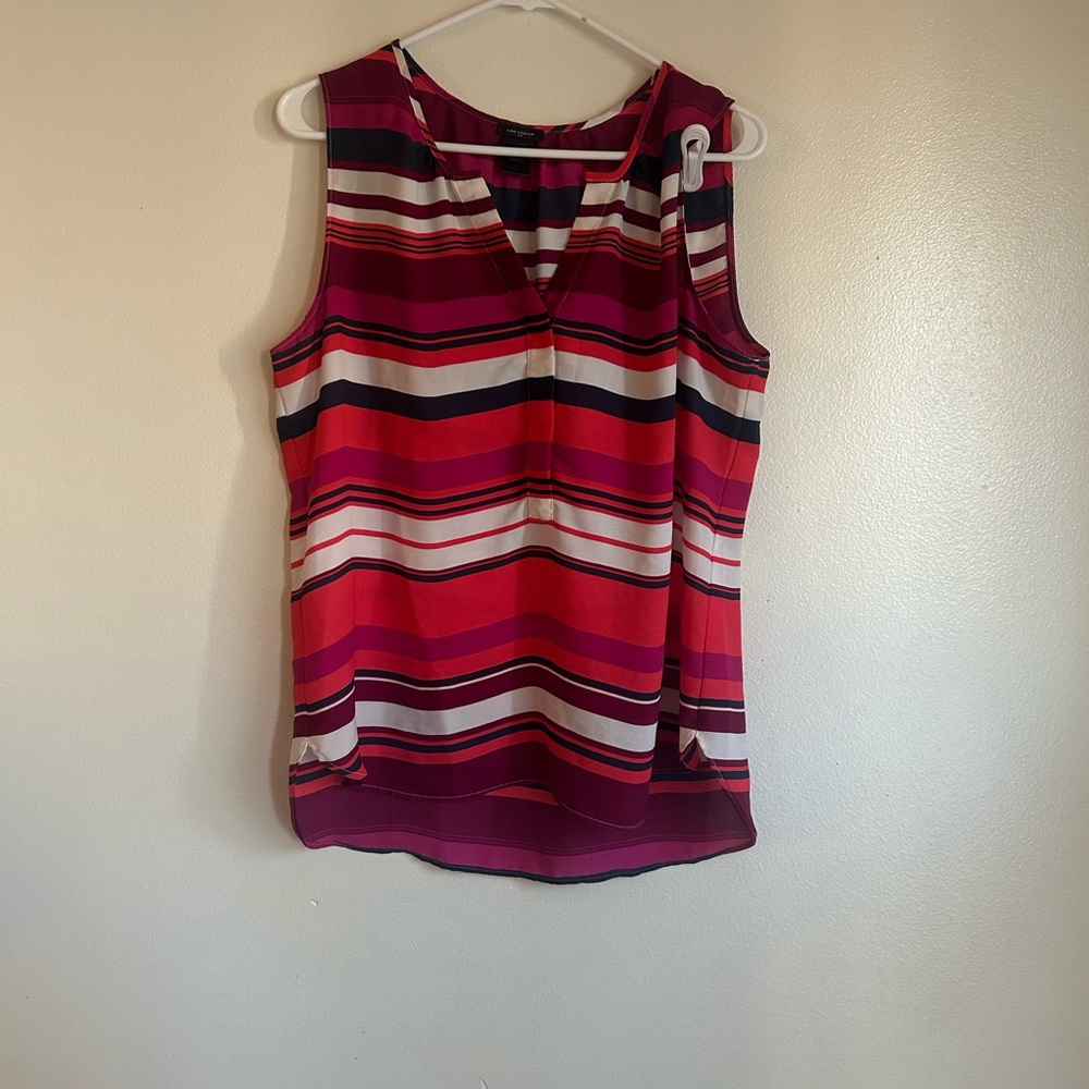 Ann Taylor Sleeveless Striped V-Neck Blouse in Pink and Red